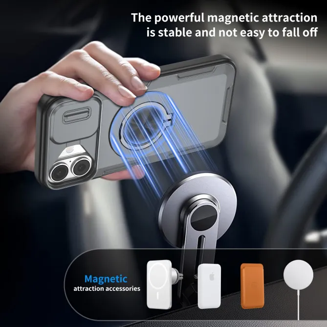 Coque iPhone 16 Plus cache caméra coulissant anneau rotatif 360 magnétique
