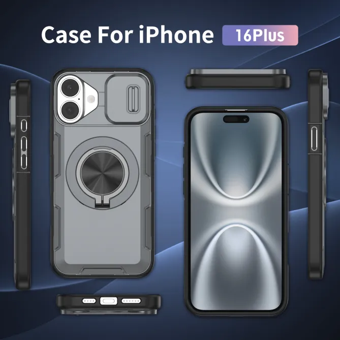 Coque iPhone 16 Plus cache caméra coulissant anneau rotatif 360 magnétique