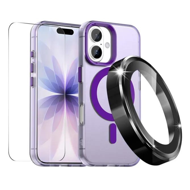 Coque iPhone 16 Plus transparente magnétique pack 3 en 1 avec verre trempé et protège-objectifs aluminium