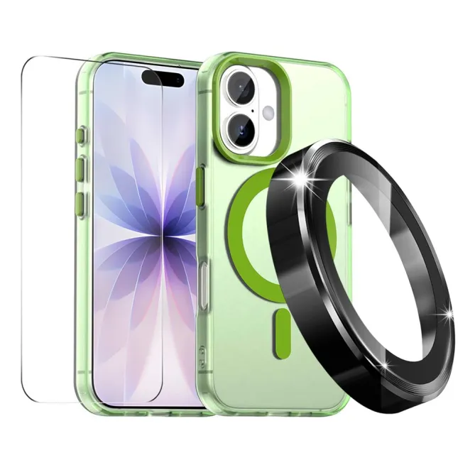 Coque iPhone 16 Plus transparente magnétique pack 3 en 1 avec verre trempé et protège-objectifs aluminium