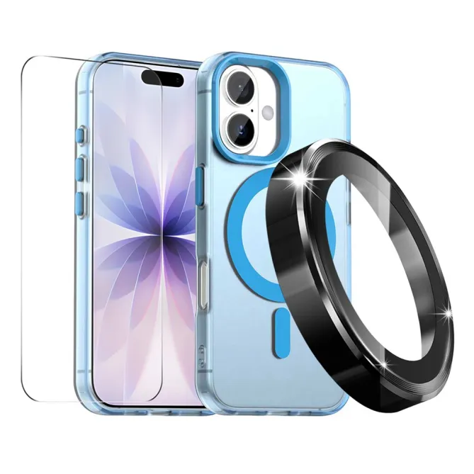 Coque iPhone 16 Plus transparente magnétique pack 3 en 1 avec verre trempé et protège-objectifs aluminium