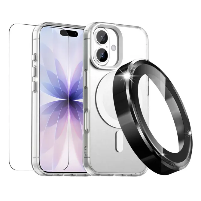 Coque iPhone 16 Plus transparente magnétique pack 3 en 1 avec verre trempé et protège-objectifs aluminium
