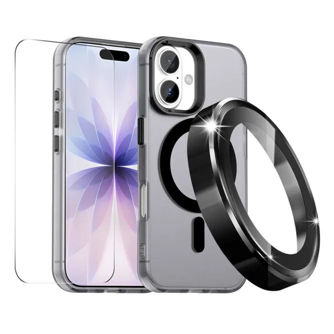 Coque iPhone 16 Plus transparente magnétique pack 3 en 1 avec verre trempé et protège-objectifs aluminium