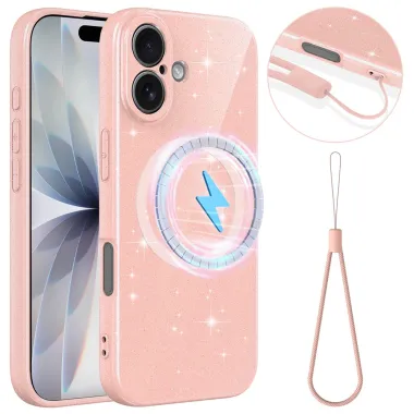 Coque iPhone 16 Plus paillettes magnétique avec dragonne