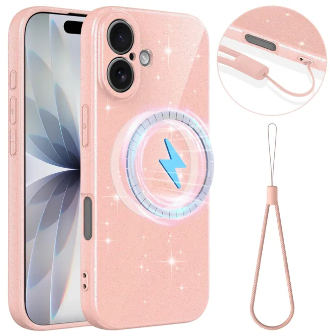 Coque iPhone 16 Plus paillettes magnétique avec dragonne