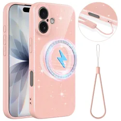 Coque iPhone 16 Plus paillettes magnétique avec dragonne