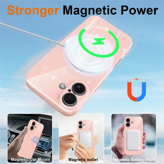 Coque iPhone 16 Plus paillettes magnétique avec dragonne