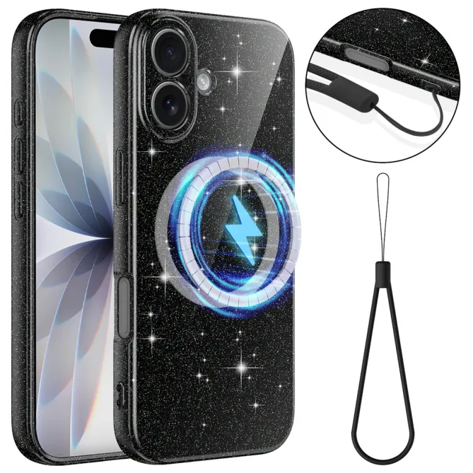 Coque iPhone 16 Plus paillettes magnétique avec dragonne