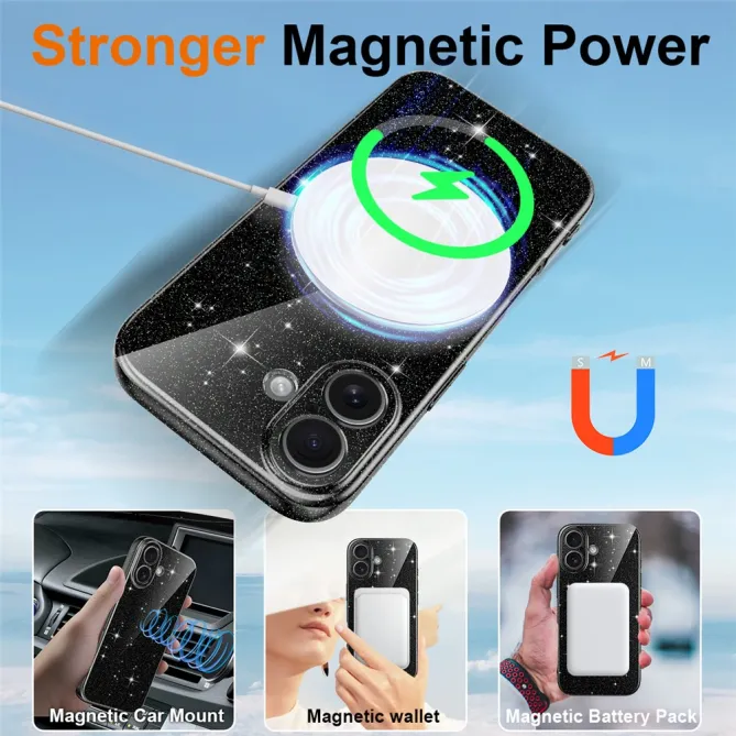 Coque iPhone 16 Plus paillettes magnétique avec dragonne