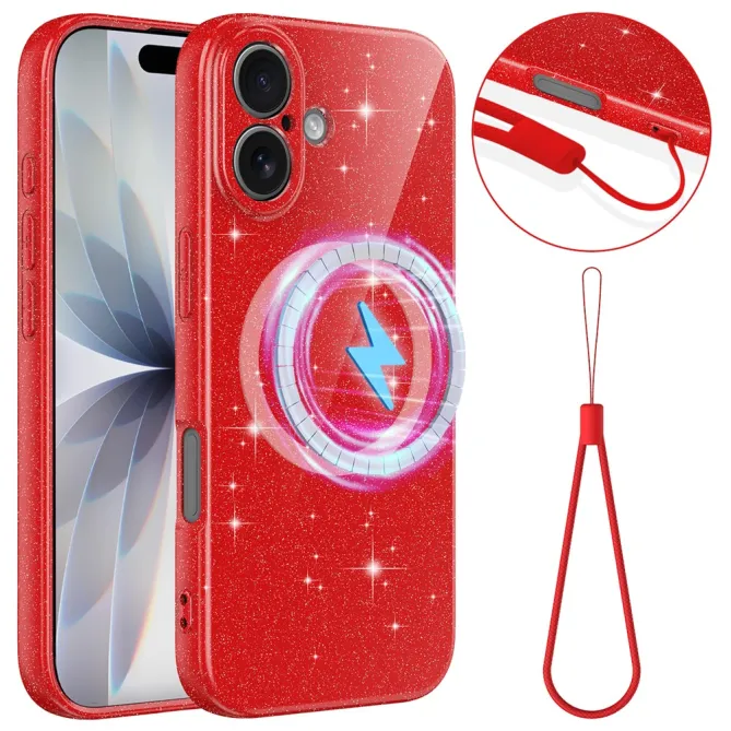 Coque iPhone 16 Plus paillettes magnétique avec dragonne