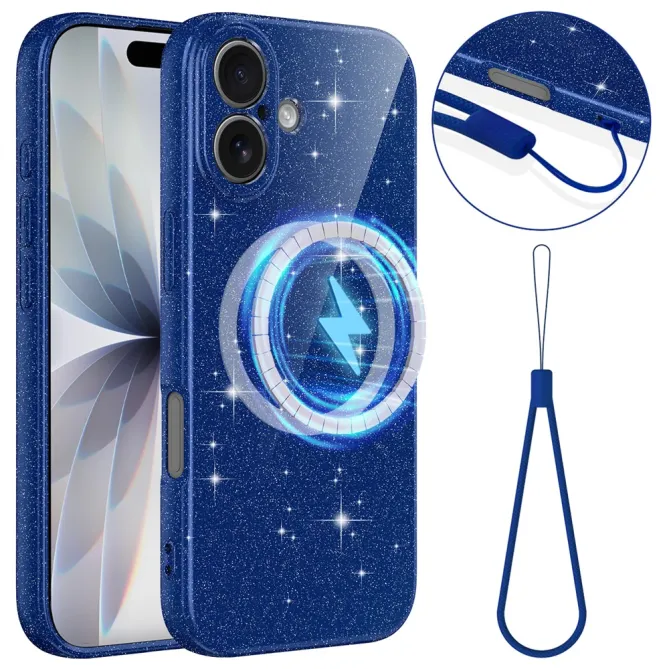 Coque iPhone 16 Plus paillettes magnétique avec dragonne