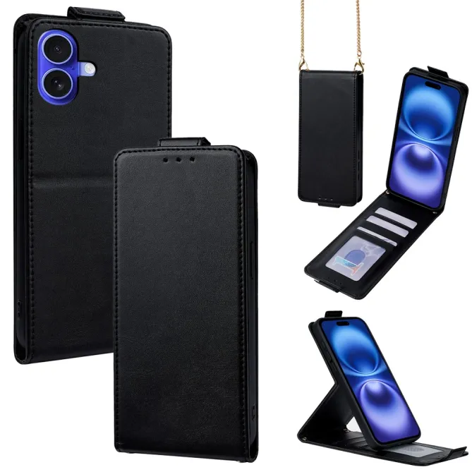 Housse iPhone 16 Plus à rabat vertical simili cuir avec fentes cartes et bandoulière