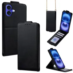 Housse iPhone 16 Plus à rabat vertical simili cuir avec fentes cartes et bandoulière