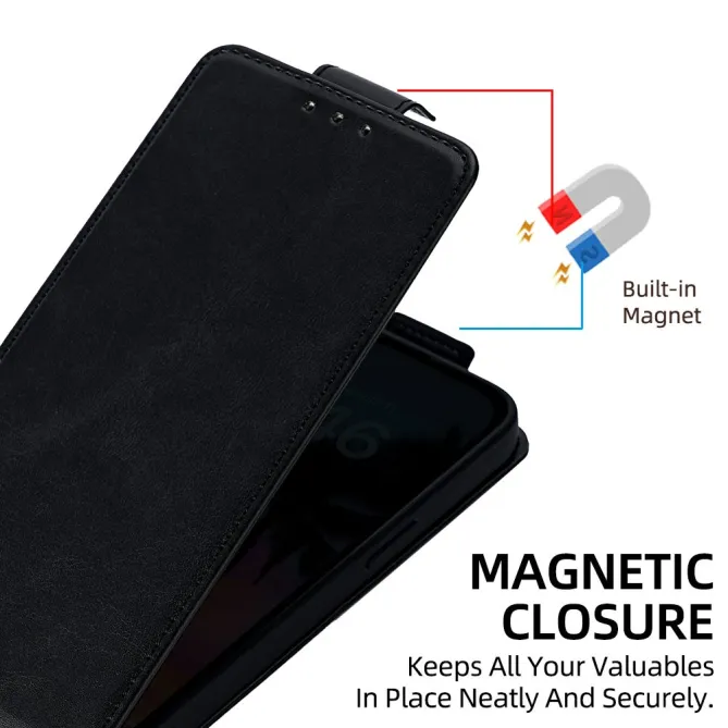 Housse iPhone 16 Plus à rabat vertical simili cuir avec fentes cartes et bandoulière