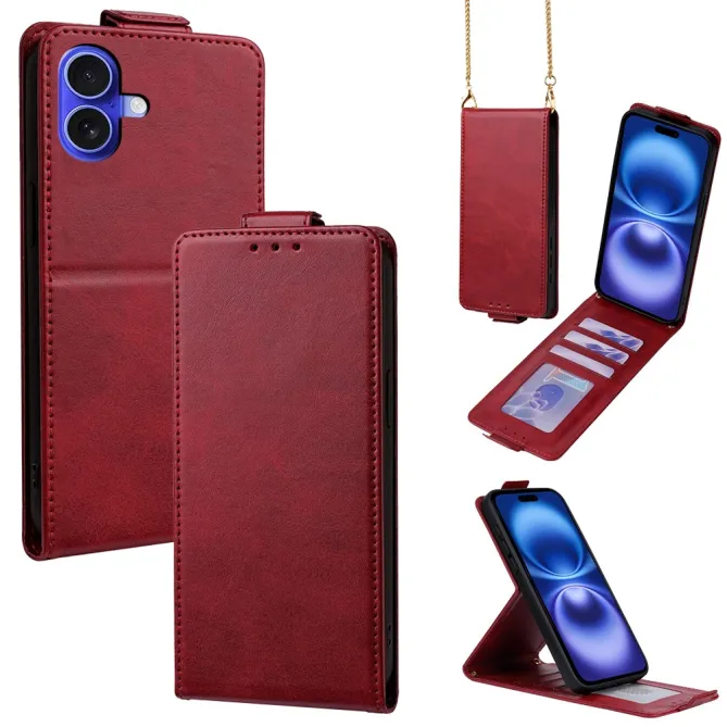 Housse iPhone 16 Plus à rabat vertical simili cuir avec fentes cartes et bandoulière