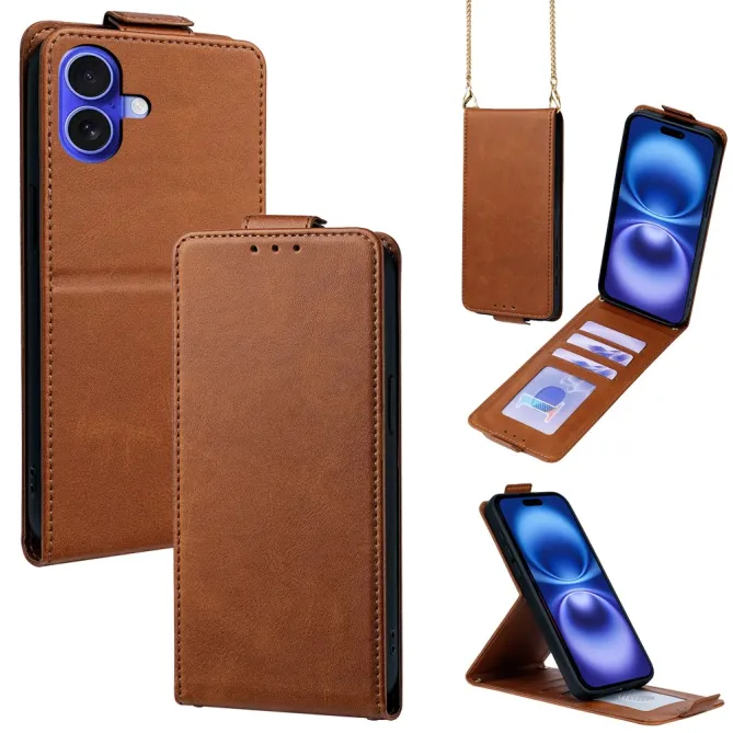 Housse iPhone 16 Plus à rabat vertical simili cuir avec fentes cartes et bandoulière