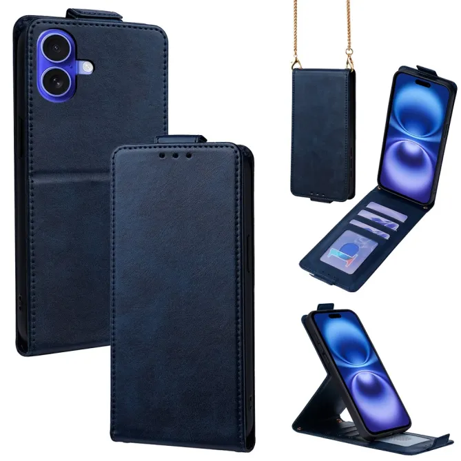 Housse iPhone 16 Plus à rabat vertical simili cuir avec fentes cartes et bandoulière