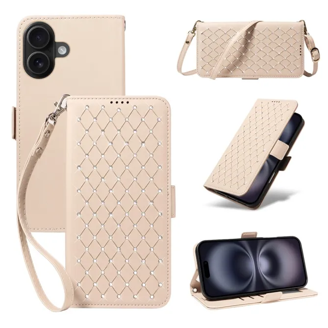 Housse iPhone 16 Plus matelassé losanges strass avec dragonne et bandoulière