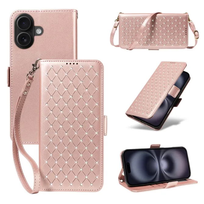 Housse iPhone 16 Plus matelassé losanges strass avec dragonne et bandoulière