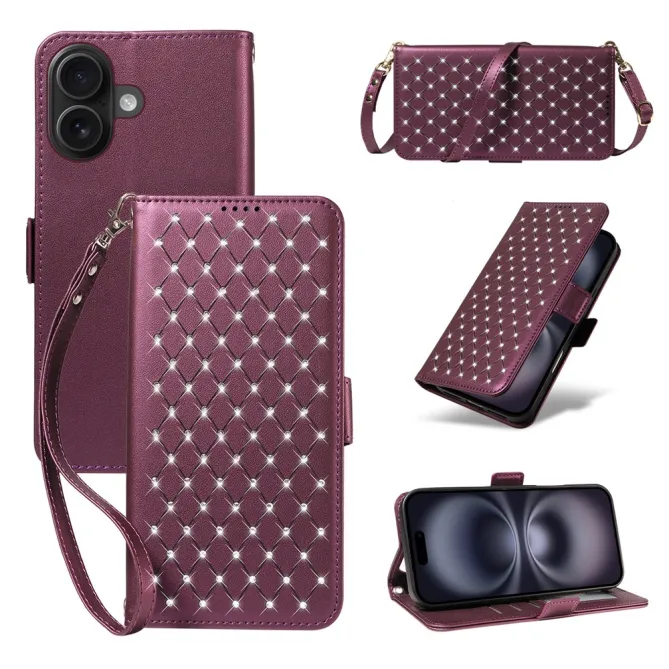 Housse iPhone 16 Plus matelassé losanges strass avec dragonne et bandoulière