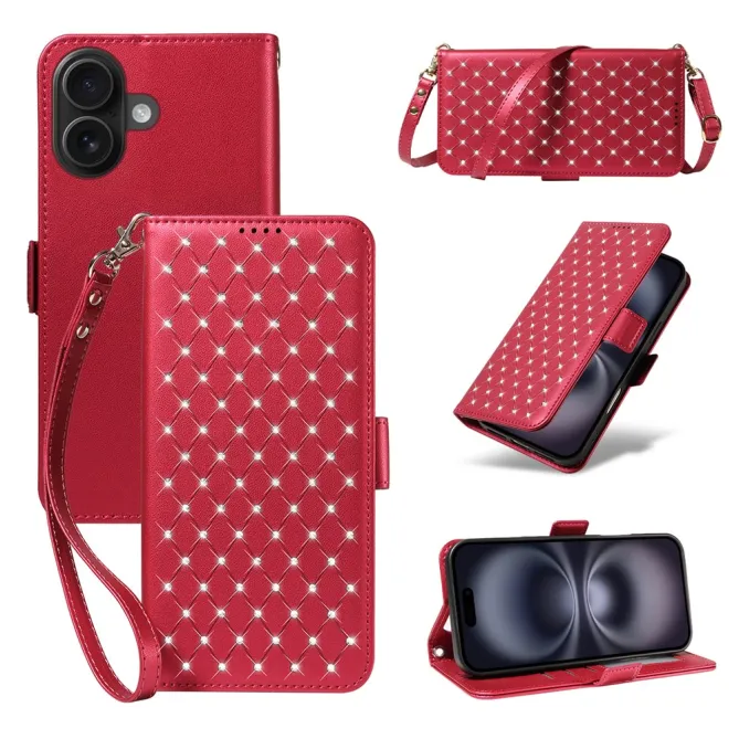 Housse iPhone 16 Plus matelassé losanges strass avec dragonne et bandoulière