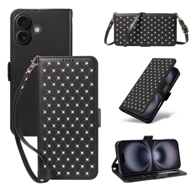 Housse iPhone 16 Plus matelassé losanges strass avec dragonne et bandoulière