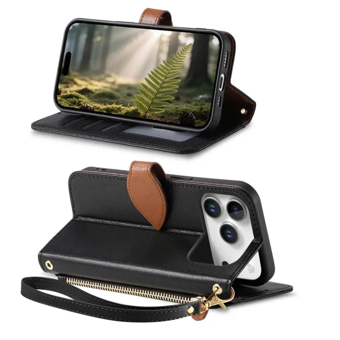 Housse Blackview Wave 7C simili cuir bicolore fermoir feuille zippée avec dragonne