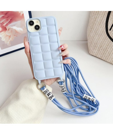 Coque iPhone 15 avec Cordon - Motif Grille 3D en Bleu Clair