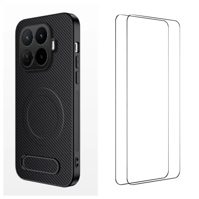 Coque Xiaomi 17T Pro Fibre de Carbone Magnétique Support Rétractable + 2 Verres Trempés