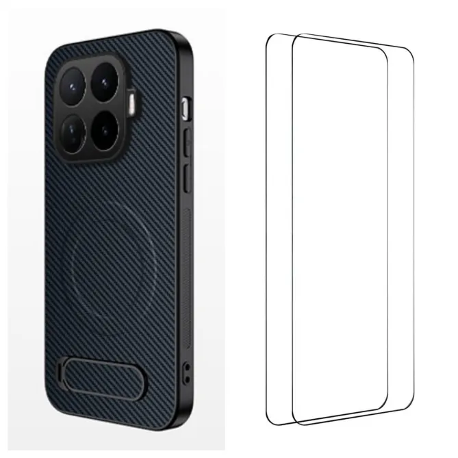 Coque Xiaomi 17T Pro Fibre de Carbone Magnétique Support Rétractable + 2 Verres Trempés