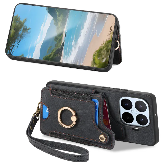 Coque Xiaomi 17T Pro Simili Cuir Rétro Porte-Cartes RFID Anneau Rotatif