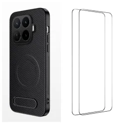 Coque Xiaomi 17T Fibre de Carbone Magnétique Support Rétractable + 2 Verres Trempés