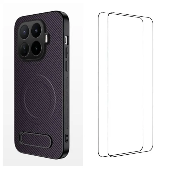 Coque Xiaomi 17T Fibre de Carbone Magnétique Support Rétractable + 2 Verres Trempés