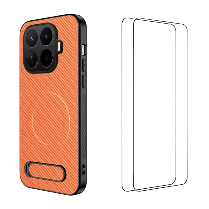 Coque Xiaomi 17T Fibre de Carbone Magnétique Support Rétractable + 2 Verres Trempés