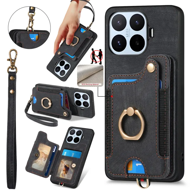 Coque Xiaomi 17T Simili Cuir Rétro Porte-Cartes RFID Anneau Rotatif