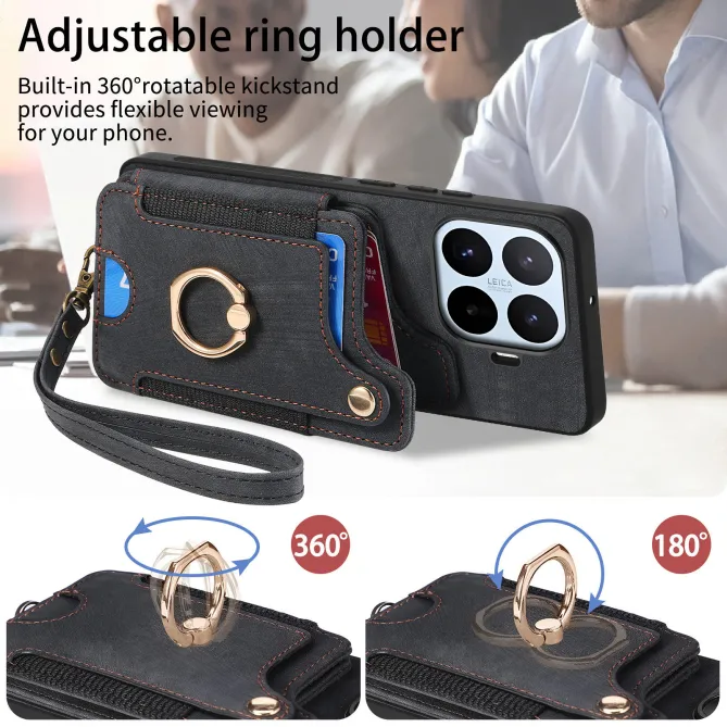 Coque Xiaomi 17T Simili Cuir Rétro Porte-Cartes RFID Anneau Rotatif