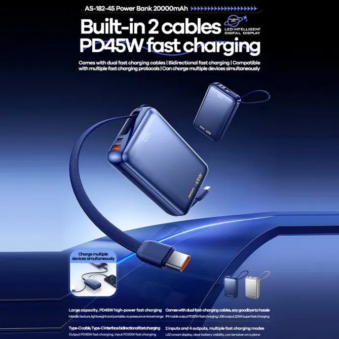 Batterie externe AS-182-45 20000mAh PD 45W câbles intégrés
