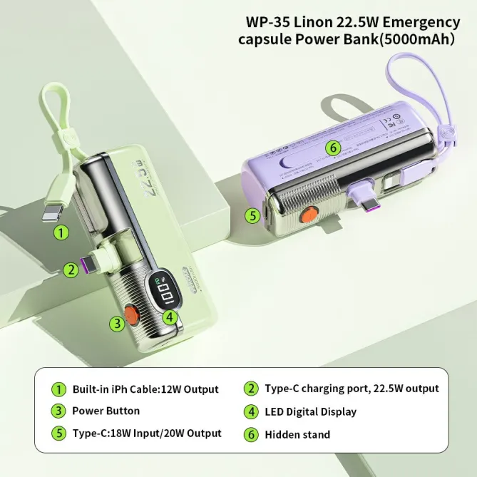 Batterie externe 5000mAh PD 22.5W câbles intégrés