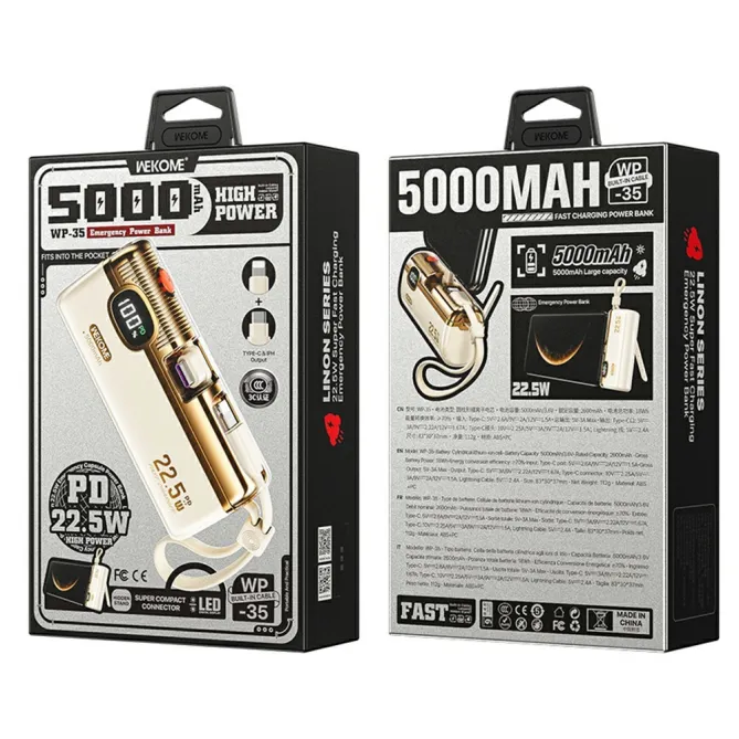 Batterie externe 5000mAh PD 22.5W câbles intégrés