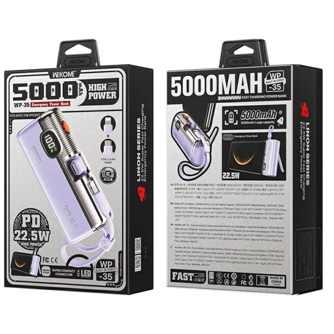 Batterie externe 5000mAh PD 22.5W câbles intégrés