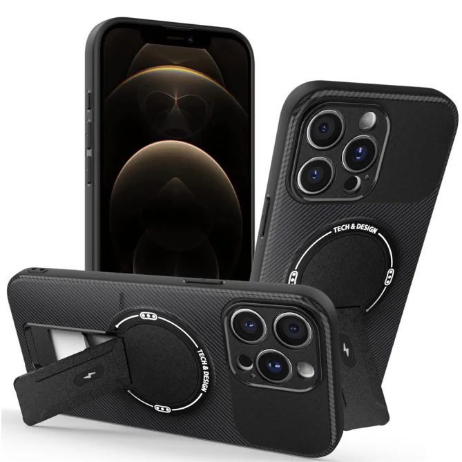 Coque iPhone 12 Pro Max Effet Fibre de Carbone avec Support