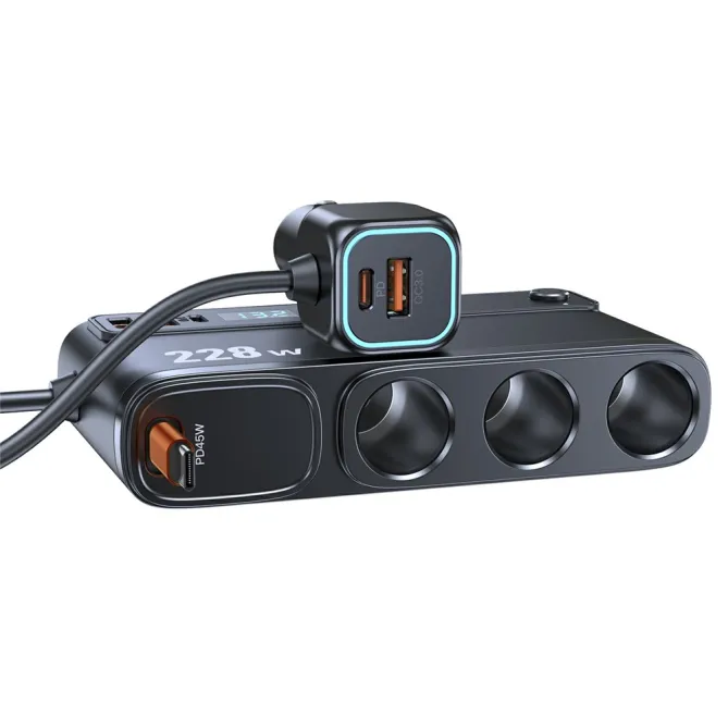 Chargeur Voiture 228W 3 en 1 Allume-Cigare Écran Voltage