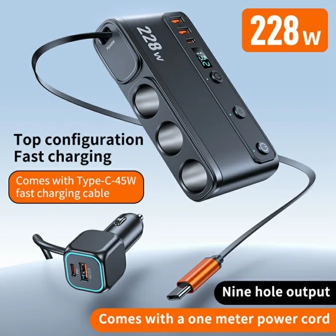 Chargeur Voiture 228W 3 en 1 Allume-Cigare Écran Voltage