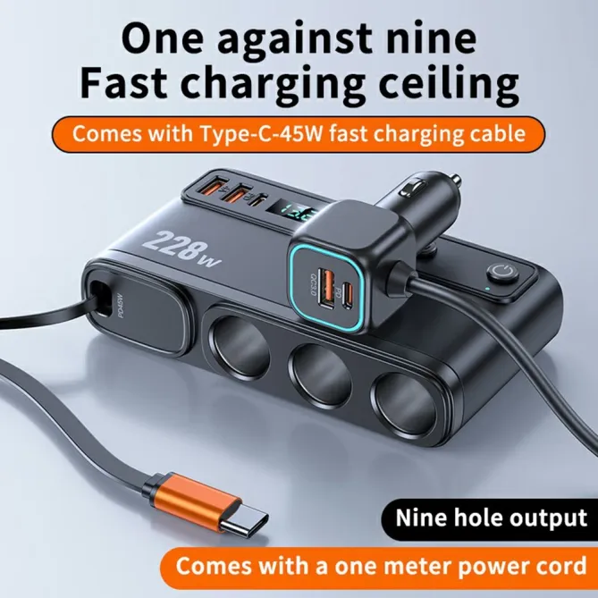 Chargeur Voiture 228W 3 en 1 Allume-Cigare Écran Voltage