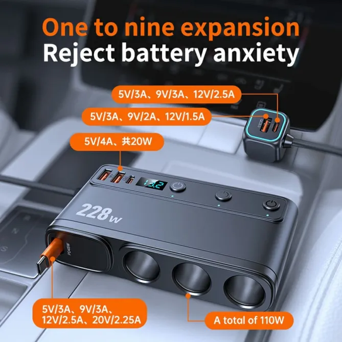 Chargeur Voiture 228W 3 en 1 Allume-Cigare Écran Voltage