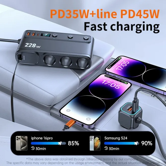 Chargeur Voiture 228W 3 en 1 Allume-Cigare Écran Voltage