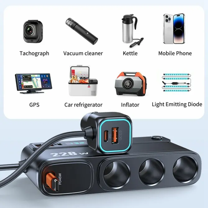Chargeur Voiture 228W 3 en 1 Allume-Cigare Écran Voltage