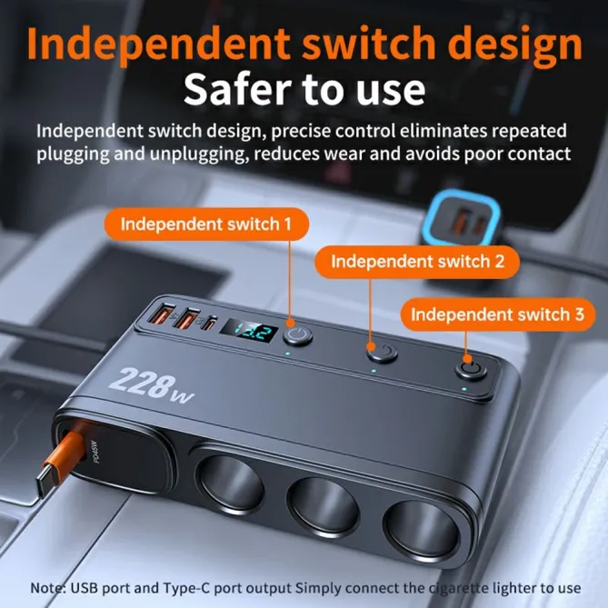 Chargeur Voiture 228W 3 en 1 Allume-Cigare Écran Voltage
