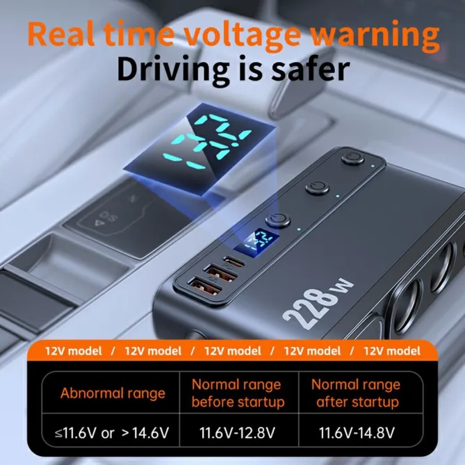 Chargeur Voiture 228W 3 en 1 Allume-Cigare Écran Voltage