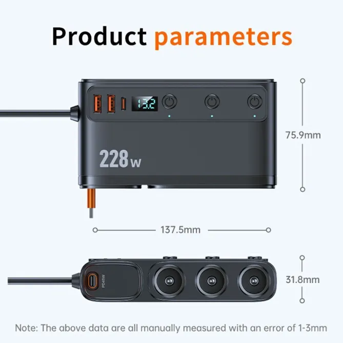 Chargeur Voiture 228W 3 en 1 Allume-Cigare Écran Voltage